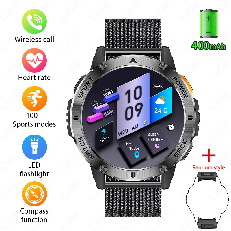 Határokon átnyúló új, multifunkcionális, nagyméretű képernyős, korongos okosóra zseblámpával, Bluetooth-os kültéri sportkarkötő férfiaknak