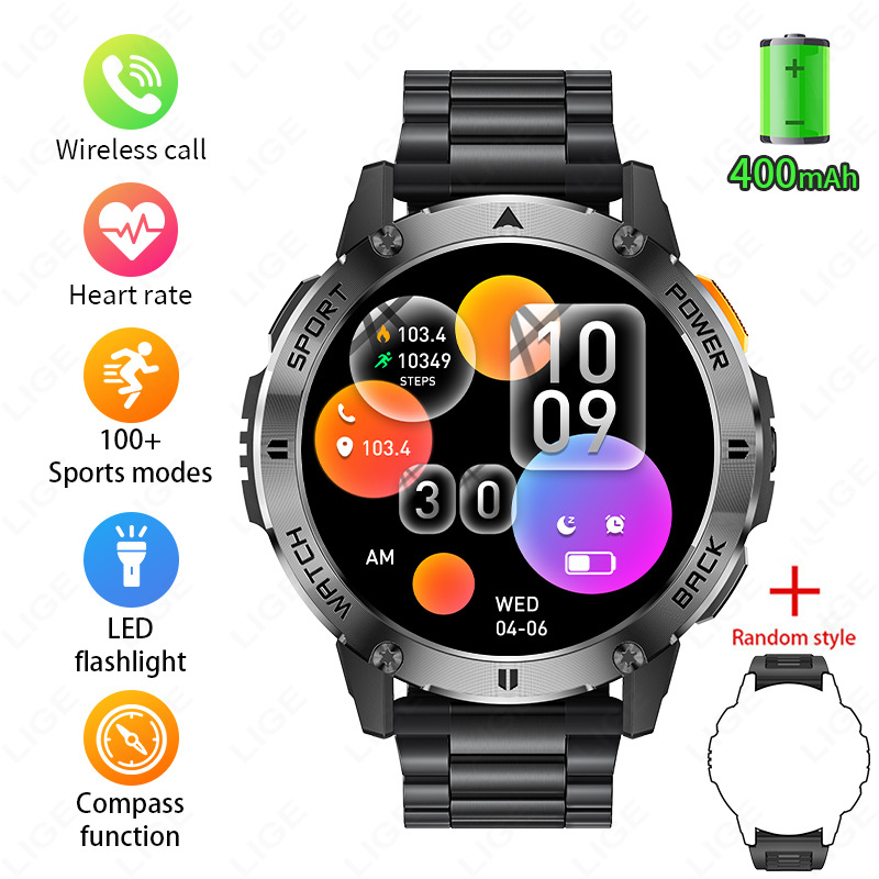 Határokon átnyúló új, multifunkcionális, nagyméretű képernyős, korongos okosóra zseblámpával, Bluetooth-os kültéri sportkarkötő férfiaknak