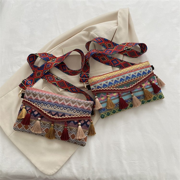 Geantă de umăr cu ciucure și stil etnic retro, geantă mică pătrată, stil Yunnan, la modă, cu dungi florale, brodate, plic, geantă crossbody