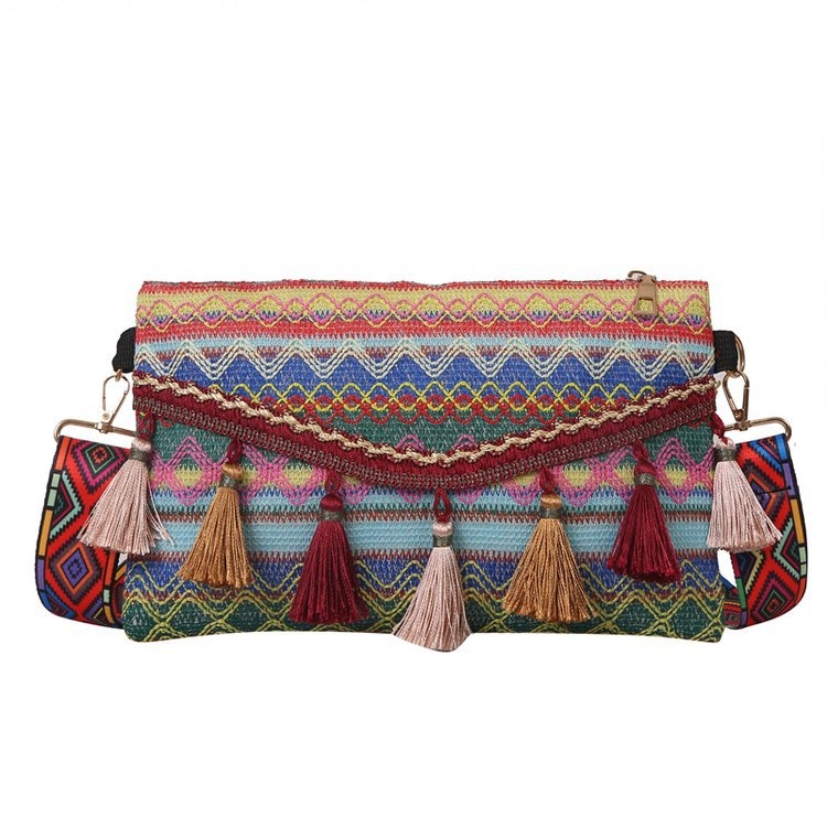 Geantă de umăr cu ciucure și stil etnic retro, geantă mică pătrată, stil Yunnan, la modă, cu dungi florale, brodate, plic, geantă crossbody