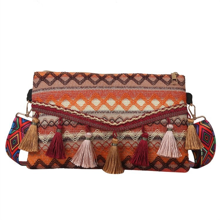Geantă de umăr cu ciucure și stil etnic retro, geantă mică pătrată, stil Yunnan, la modă, cu dungi florale, brodate, plic, geantă crossbody