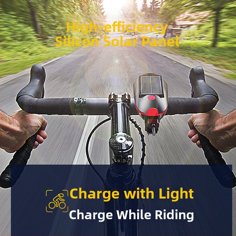 Svetlomet na bicykel, solárna lampa s klaksónom, nabíjateľná USB svetlomet, solárna lampa na bicykel