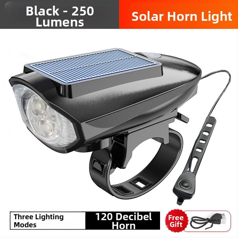 Svetlomet na bicykel, solárna lampa s klaksónom, nabíjateľná USB svetlomet, solárna lampa na bicykel