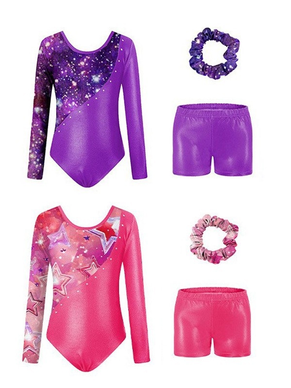 Laste võimlemisriietus tüdrukutele, digitaaltrükiga esinemiskostüüm, pikkade varrukatega liibuv esinemisülikond, kolmeosaline komplekt, trendikas aeroobikariietus