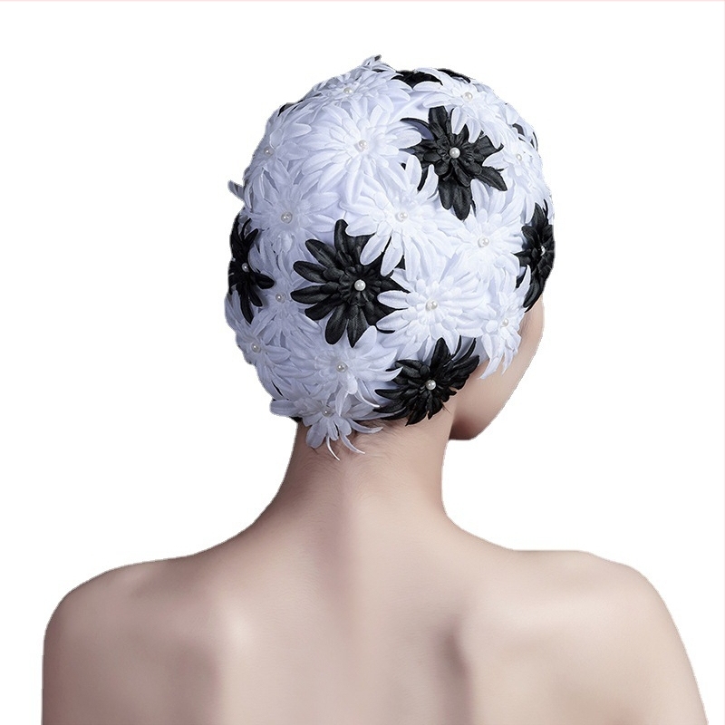 Дамска шапка за плуване с дълга коса в стил Instagram, черно-бяла триизмерна цветна шапка, модна ръчно ушита, голям размер, предпазваща ушите