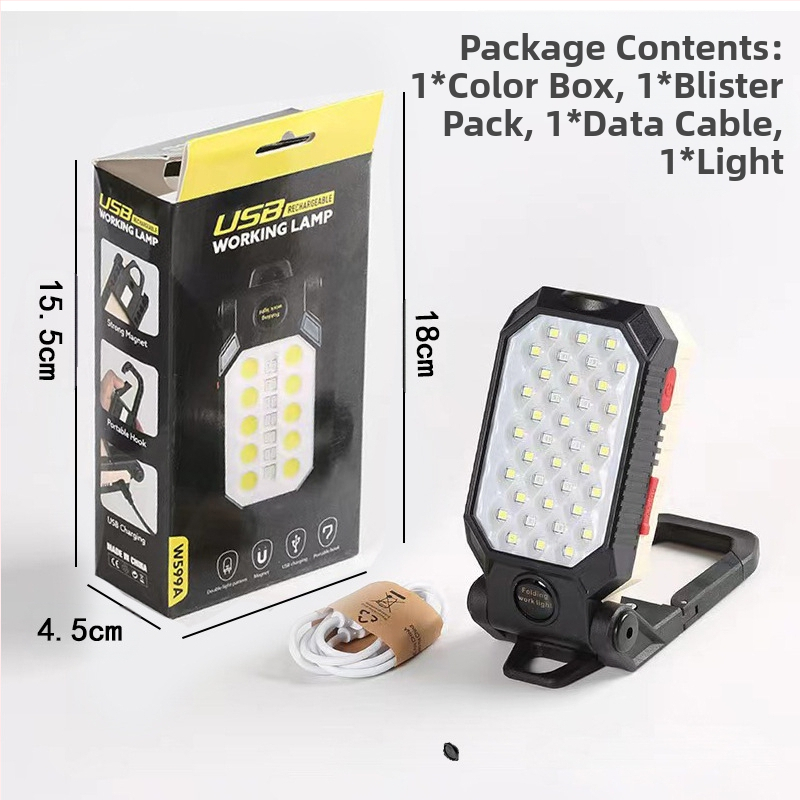 Nové pracovné svetlo COB s USB nabíjaním a LED diódou s magnetom, hákový displej napájania, núdzové kontrolné svetlo