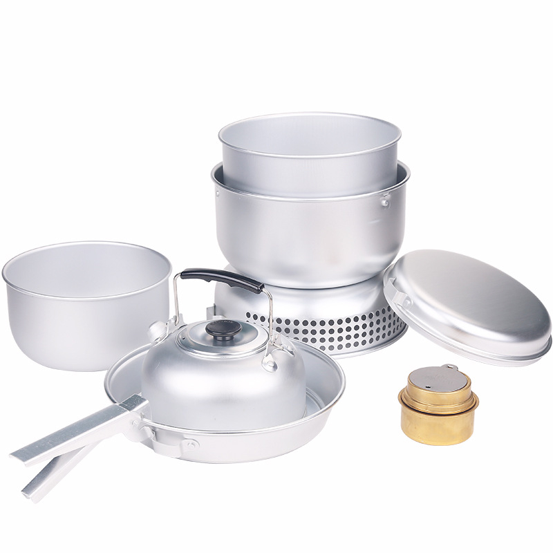 Комплект за външен алкохолен котлон, тенджера, алуминиева тенджера, кана за вода, шведска буря, ветроустойчива печка за пикник, преносим комплект