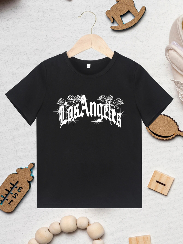 Stilingas medvilninis vaikiškas LOS ANDŽELO rašto berniukiškas kūrybingas marškinėliai
