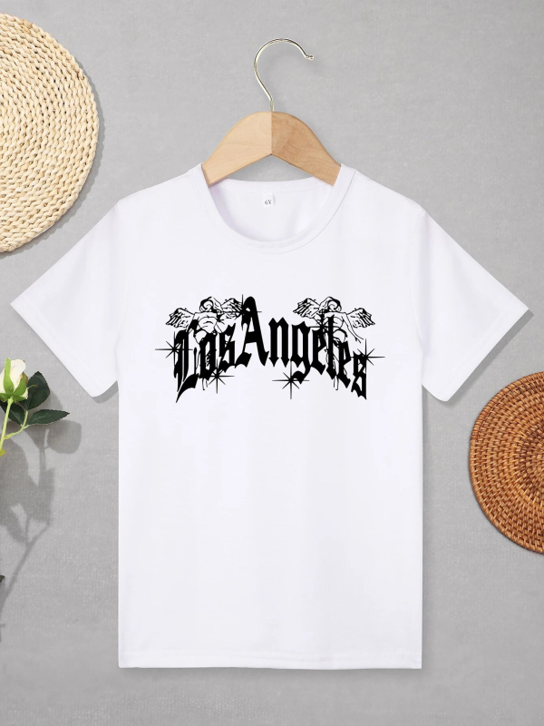 Stilingas medvilninis vaikiškas LOS ANDŽELO rašto berniukiškas kūrybingas marškinėliai