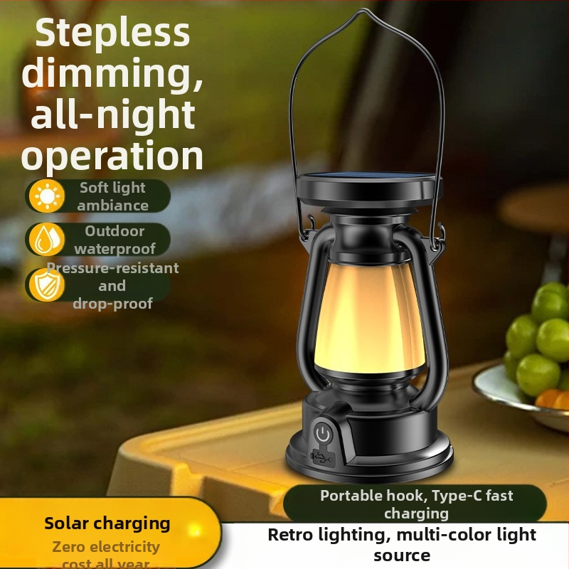 Uus 2024. aasta petrooleumilamp laetav telkimislamp dekoratiivne atmosfäärilamp välistingimustes kasutatav retro päikeseenergial töötav kaasaskantav telkimislamp