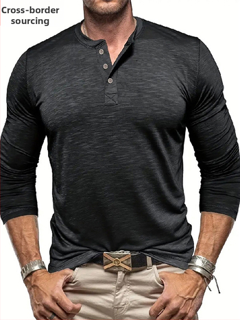 Vyriški pavasario ir rudens marškinėliai, amerikietiško stiliaus jaunimo bambukinės medvilnės ilgomis rankovėmis marškinėliai, vyriški didelio elastingumo, greitai džiūstantys, kvėpuojantys „Henley“ marškinėliai