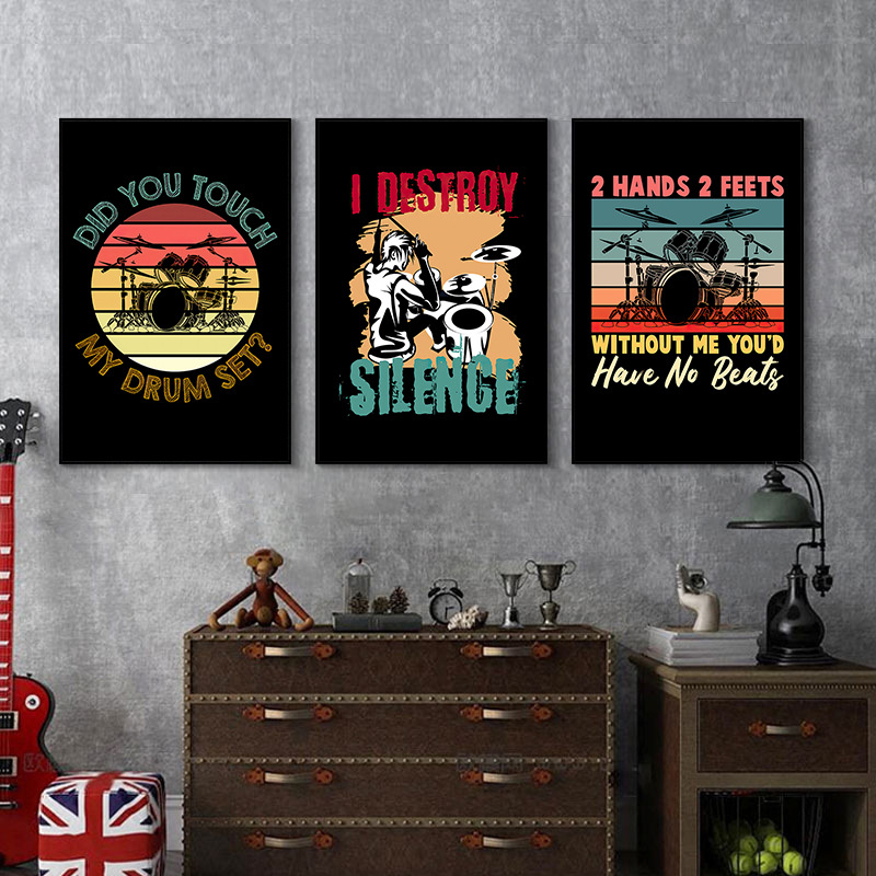 Džässtrummi seinamaaling baarikitarri instrument trummikomplekt selge taust käsi muusika klassiruumi seinakaunistused maalimine