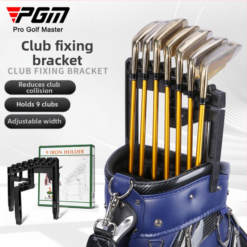 Držiak na golfové palice PGM pojme deväť železných tyčí, aby sa znížil náraz hlavy tyče, nastaviteľná šírka