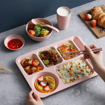 Πιάτο φαγητού με άχυρο σίτου, 5 τεμάχια με μπολ, ξυλάκια, κουτάλι, σετ επιτραπέζιων σκευών, εμπορική φοιτητική καντίνα, ξενοδοχείο, πλαστικό πιάτο γρήγορου φαγητού