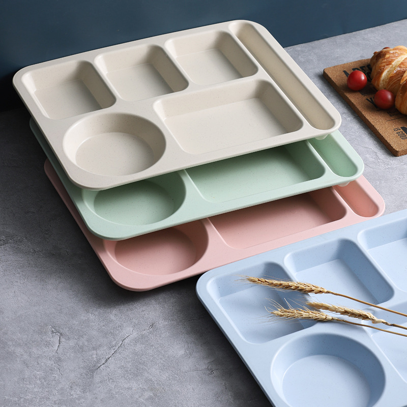 Búzaszalma osztott vacsoratányér 5 db tál pálcikával kanál étkészlet kereskedelmi diákmenza szállodai műanyag gyorséttermi tányér