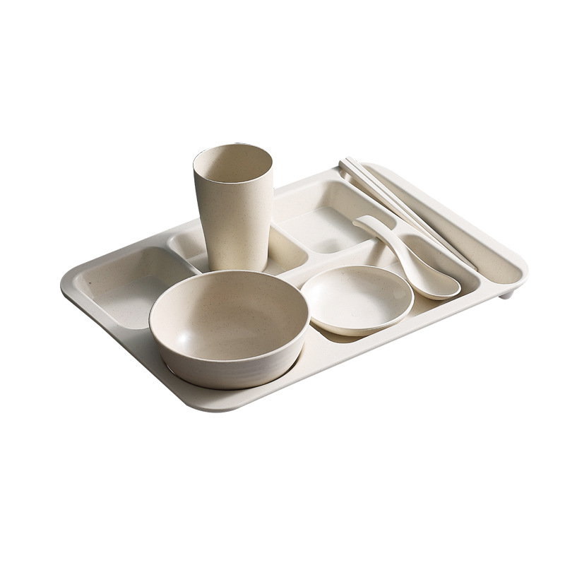 Búzaszalma osztott vacsoratányér 5 db tál pálcikával kanál étkészlet kereskedelmi diákmenza szállodai műanyag gyorséttermi tányér