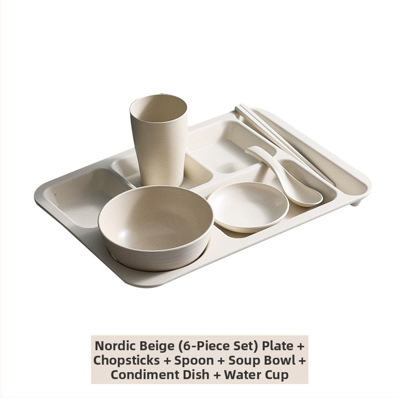 Búzaszalma osztott vacsoratányér 5 db tál pálcikával kanál étkészlet kereskedelmi diákmenza szállodai műanyag gyorséttermi tányér