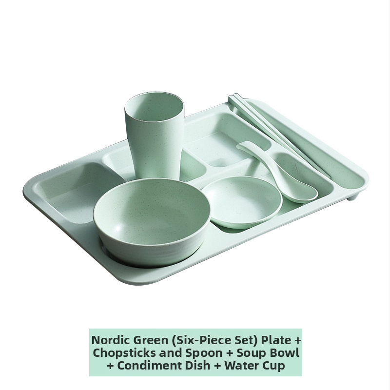 Búzaszalma osztott vacsoratányér 5 db tál pálcikával kanál étkészlet kereskedelmi diákmenza szállodai műanyag gyorséttermi tányér