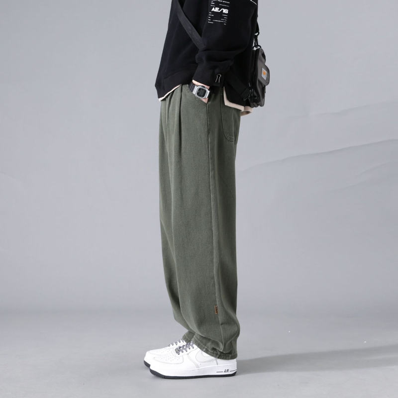 2024 Őszi és téli laza, egyenes, széles szárú, mindenhez illő, tiszta pamut, polár bélésű, lezser férfi hongkongi stílusú sportnadrág