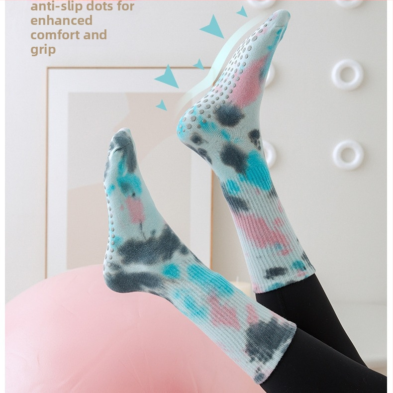 Силиконови неплъзгащи се йога чорапи за жени, чорапи с тай-дай, средна дължина, пенирани памучни фитнес чорапи за жени, пилатес спортни чорапи