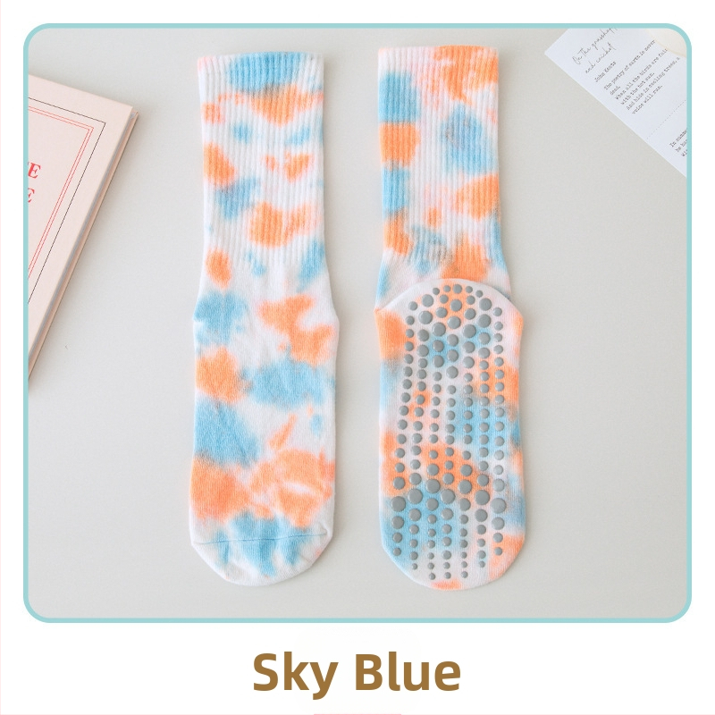 Silikoonist libisemiskindlad jooga sokid naistele, batikavärviga keskmise pikkusega sokid, kammitud puuvillast fitness-naiste sokid, pilatese spordi kõrged sokid
