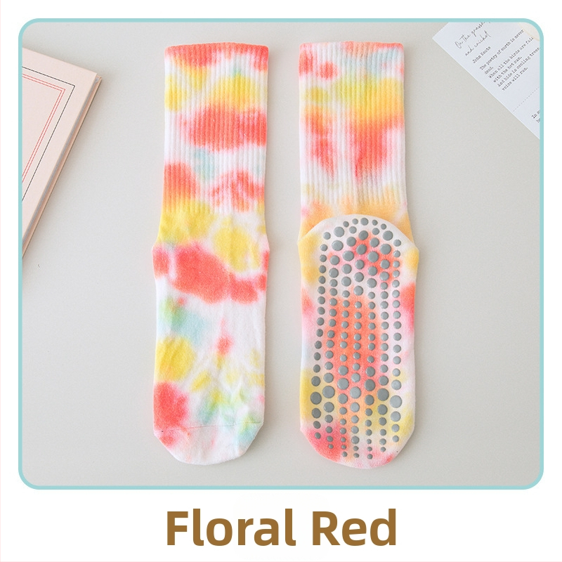Silikoonist libisemiskindlad jooga sokid naistele, batikavärviga keskmise pikkusega sokid, kammitud puuvillast fitness-naiste sokid, pilatese spordi kõrged sokid