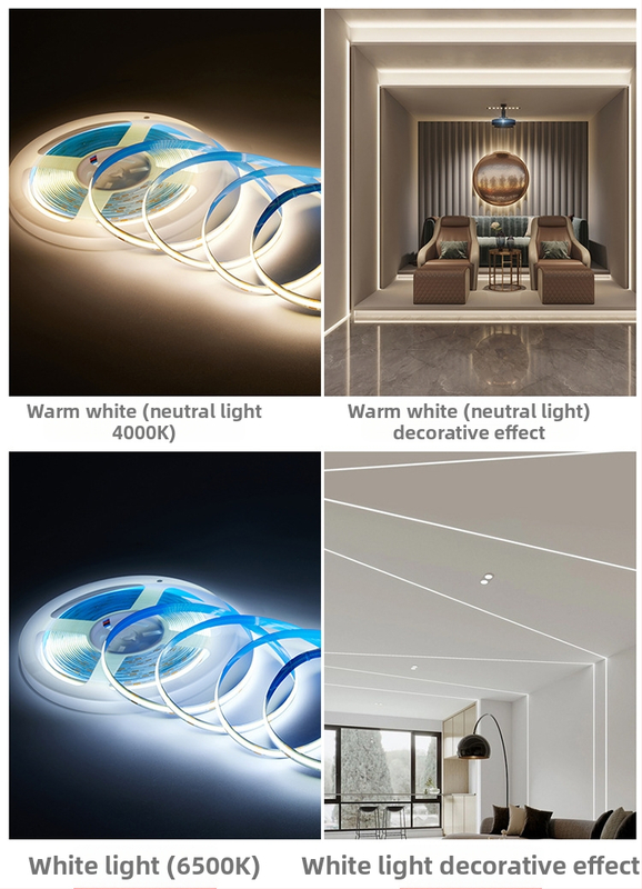 LED populiari didelio ryškumo COB minkštos šviesos juostelė + adapterių rinkinys su lipnia atrama, skirta kirpti šiltą šviesą, neutralią šviesą, šaltą baltą spalvą