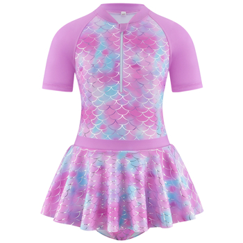 2024-es, határokon átnyúló, egyrészes szoknyás lányka fürdőruha, meleg ezüst színű, halszálkamintás fürdőruha nagy gyerekeknek, lányoknak, lila hercegnői ruha