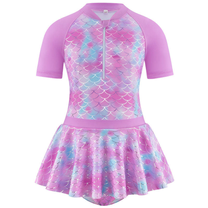 2024-es, határokon átnyúló, egyrészes szoknyás lányka fürdőruha, meleg ezüst színű, halszálkamintás fürdőruha nagy gyerekeknek, lányoknak, lila hercegnői ruha