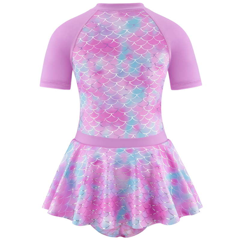 2024-es, határokon átnyúló, egyrészes szoknyás lányka fürdőruha, meleg ezüst színű, halszálkamintás fürdőruha nagy gyerekeknek, lányoknak, lila hercegnői ruha