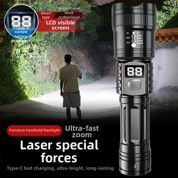 Φορητός επαναφορτιζόμενος φακός, εξαιρετικά φωτεινός εξωτερικός φακός ζουμ, μεγάλης εμβέλειας, μεγάλης διάρκειας, με λέιζερ LED