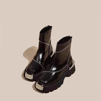 Vastag talpú Martin csizma Női őszi és téli új brit stílusú szögletes orrú Chelsea csizma Retro fém funkcionális rövid csizma