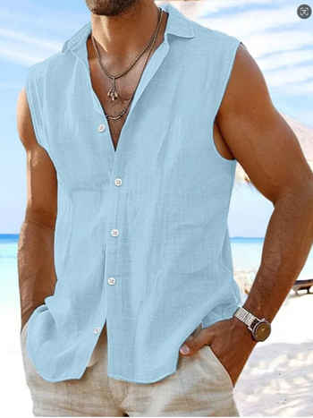 Μονόχρωμο αμάνικο πουκάμισο Hawaii από βαμβάκι και λινό Amazon Independent Station Πουκάμισο παραλίας με πέτα Cross-border Μονόχρωμο ανδρικό ρούχο