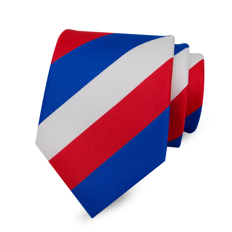 Paruoštas vyriško dryžuoto kaklaraiščio, 8 cm, raudono, balto, geltono ir mėlyno spalvų kostiumo tiekimas. Universalus, stilingas, oficialus, profesionalus, madingas drabužis.