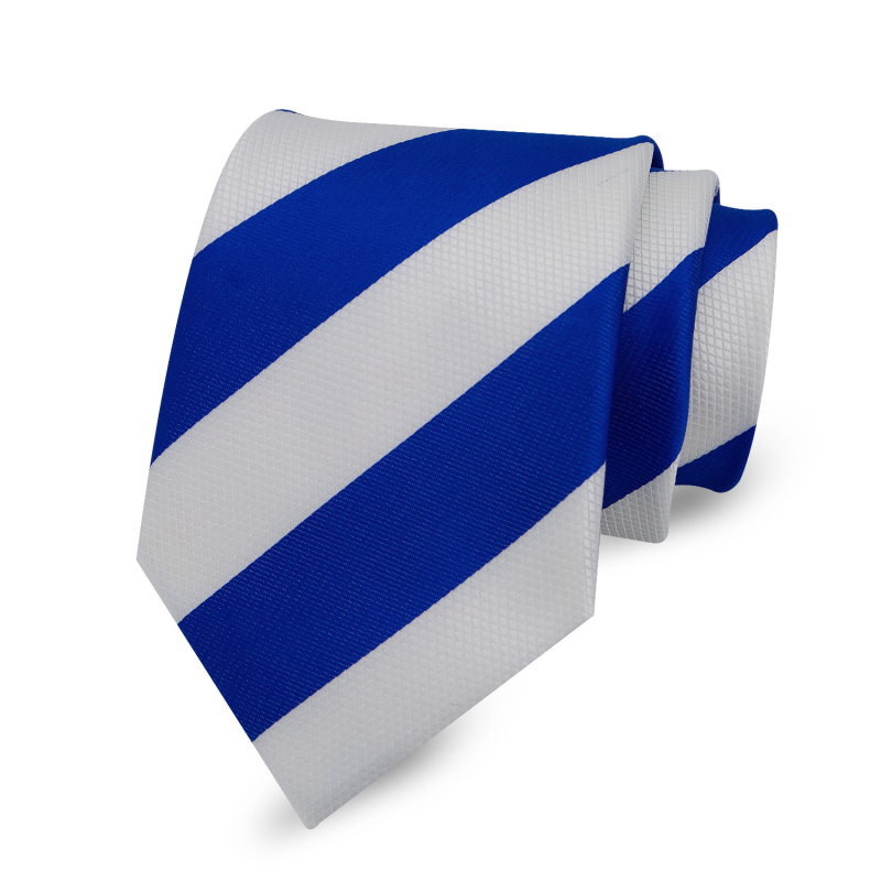 Paruoštas vyriško dryžuoto kaklaraiščio, 8 cm, raudono, balto, geltono ir mėlyno spalvų kostiumo tiekimas. Universalus, stilingas, oficialus, profesionalus, madingas drabužis.