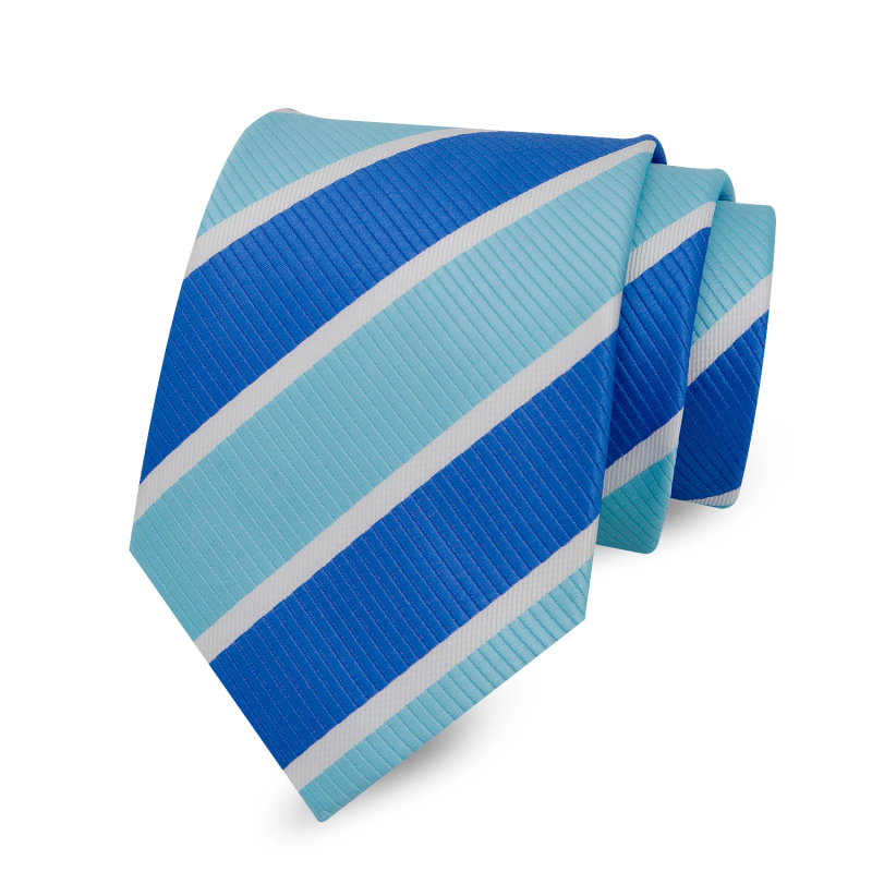 Paruoštas vyriško dryžuoto kaklaraiščio, 8 cm, raudono, balto, geltono ir mėlyno spalvų kostiumo tiekimas. Universalus, stilingas, oficialus, profesionalus, madingas drabužis.