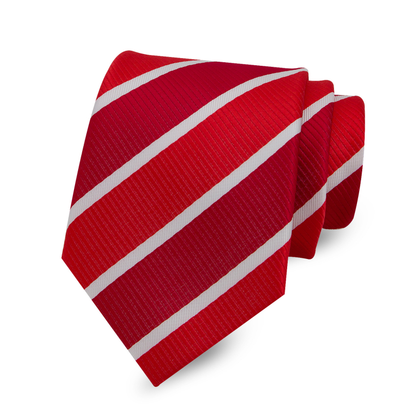 Paruoštas vyriško dryžuoto kaklaraiščio, 8 cm, raudono, balto, geltono ir mėlyno spalvų kostiumo tiekimas. Universalus, stilingas, oficialus, profesionalus, madingas drabužis.