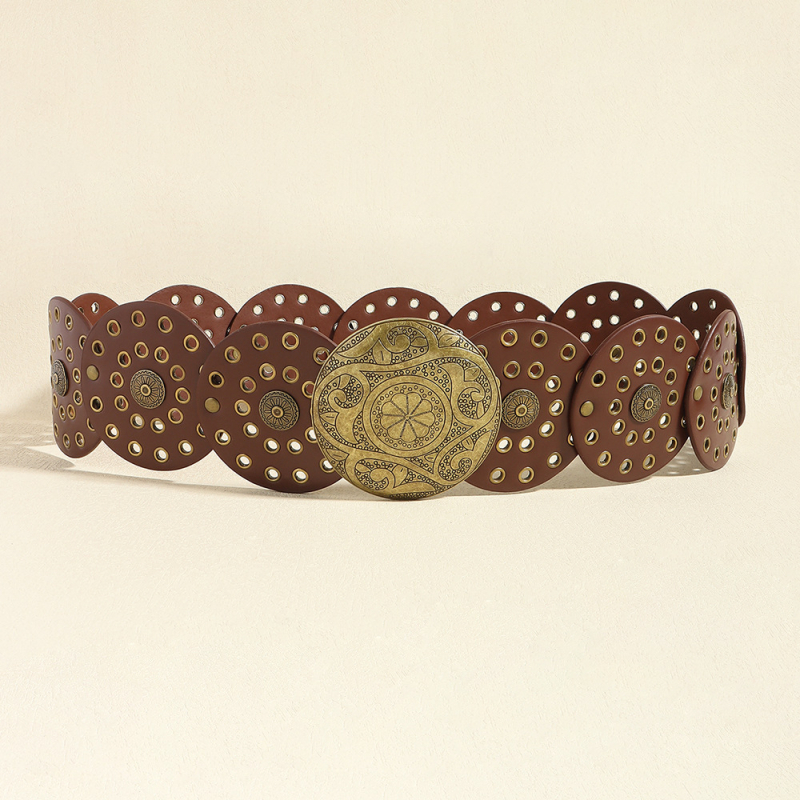 BSCI női vintage divatos deréktömítés üreges varrással, légszemekkel, ovális, faragott bohém szegecsekkel ellátott öv