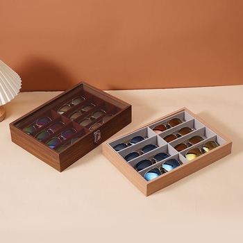 Szemüvegtároló doboz, fa szemüvegdoboz, csúcskategóriás tetőablakos, többrácsos, nagy kapacitású napszemüveg, napszemüveg ékszerkiállítás