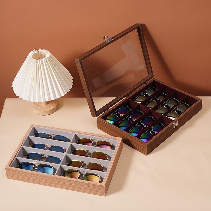 Szemüvegtároló doboz, fa szemüvegdoboz, csúcskategóriás tetőablakos, többrácsos, nagy kapacitású napszemüveg, napszemüveg ékszerkiállítás