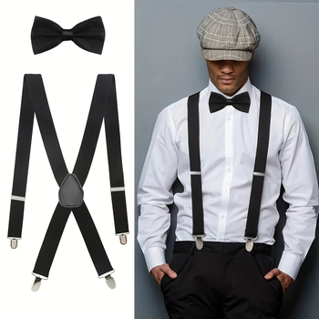 Férfi fekete X alakú harisnyatartó, Business Party egyszínű harisnyatartós csokornyakkendős öltöny