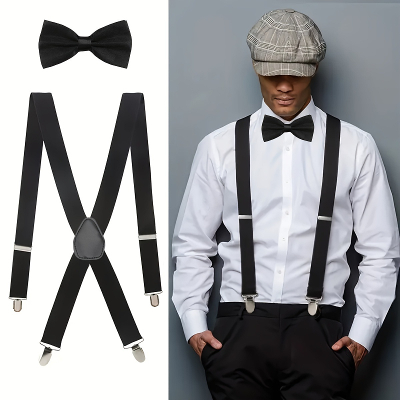 Férfi fekete X alakú harisnyatartó, Business Party egyszínű harisnyatartós csokornyakkendős öltöny