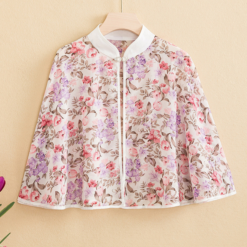 9610 vasarinė šifono marginta maža skara, retro stiliaus be rankovių, apsiausto stiliaus, skirta moterims dėvėti su sijonais