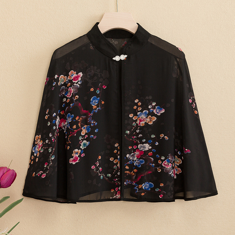 9610 vasarinė šifono marginta maža skara, retro stiliaus be rankovių, apsiausto stiliaus, skirta moterims dėvėti su sijonais