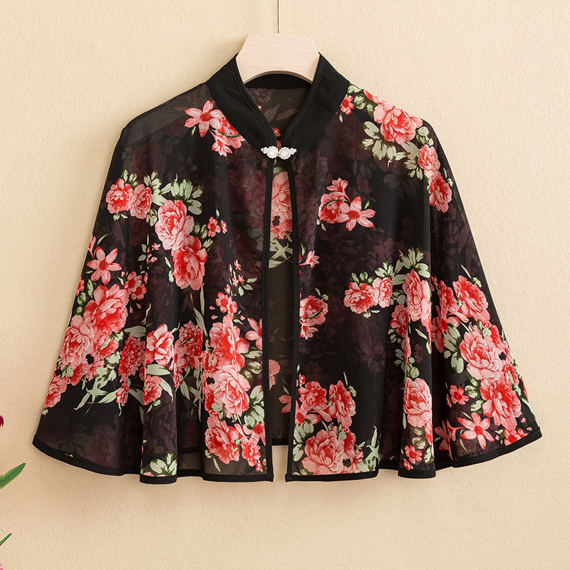 9610 vasarinė šifono marginta maža skara, retro stiliaus be rankovių, apsiausto stiliaus, skirta moterims dėvėti su sijonais