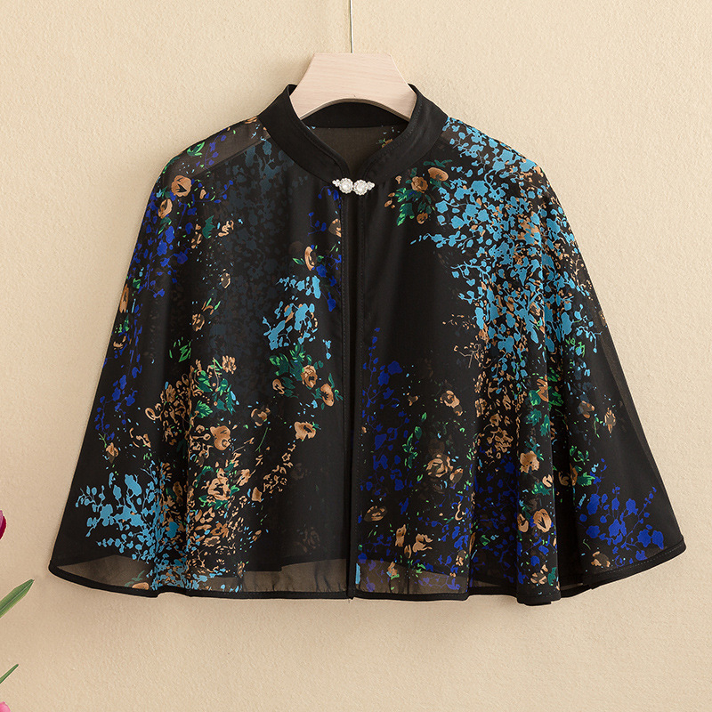 9610 vasarinė šifono marginta maža skara, retro stiliaus be rankovių, apsiausto stiliaus, skirta moterims dėvėti su sijonais