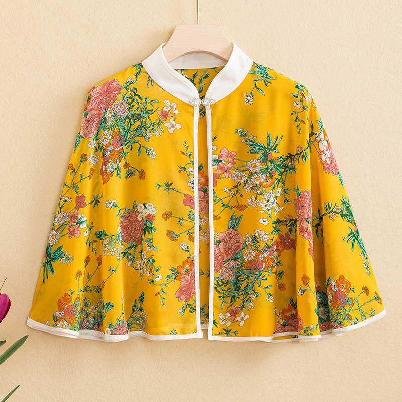 9610 vasarinė šifono marginta maža skara, retro stiliaus be rankovių, apsiausto stiliaus, skirta moterims dėvėti su sijonais