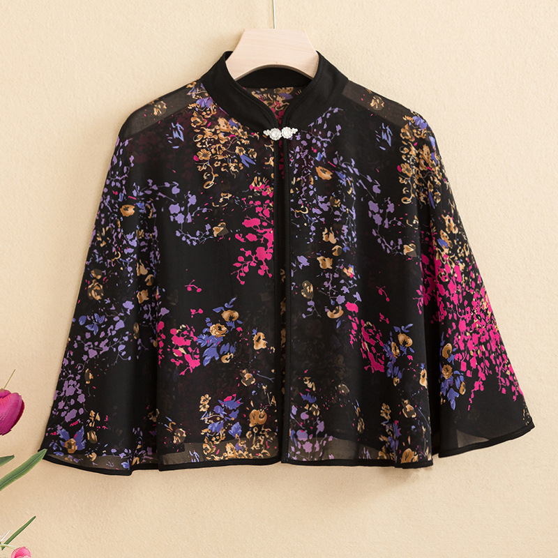 9610 vasarinė šifono marginta maža skara, retro stiliaus be rankovių, apsiausto stiliaus, skirta moterims dėvėti su sijonais