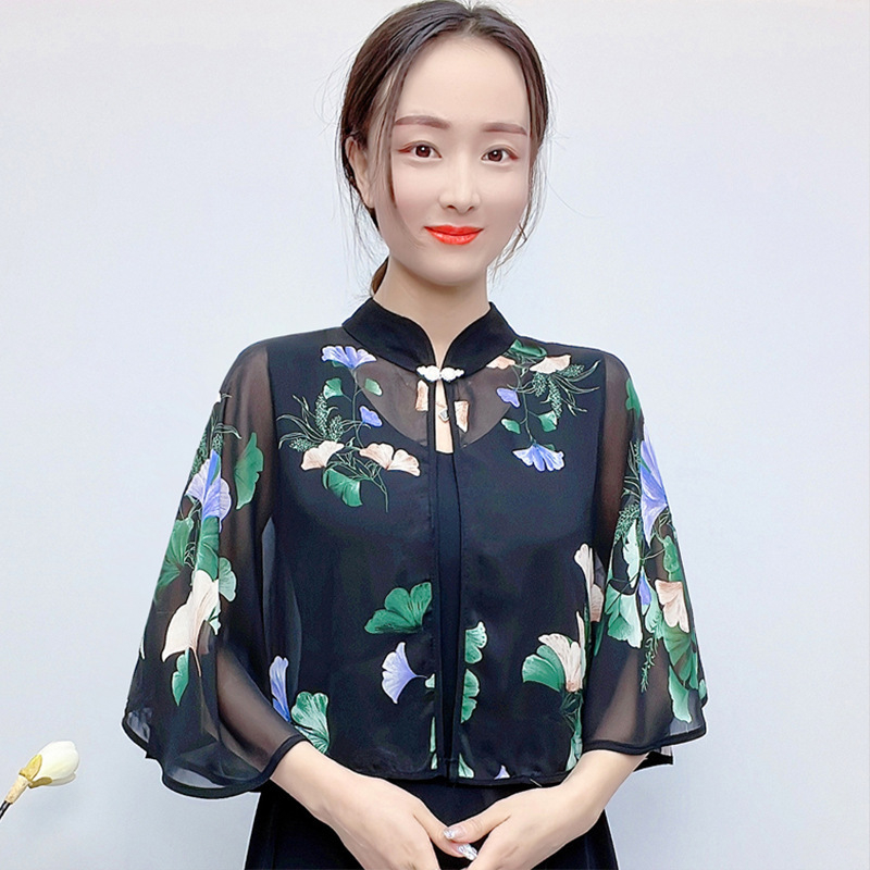 9610 vasarinė šifono marginta maža skara, retro stiliaus be rankovių, apsiausto stiliaus, skirta moterims dėvėti su sijonais