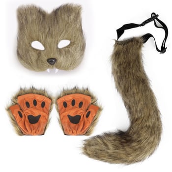Нов стил реалистична маска от лисица, ръкавици, кадифена опашка от лисица, ръчна кукла, косплей реквизит, комплект костюми за Хелоуин на едро